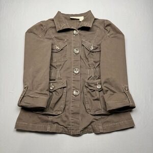 DKNY Womens Cargo Khaki Trench Jacket LongRoll Sleeve Utility Button Coat Sz XS